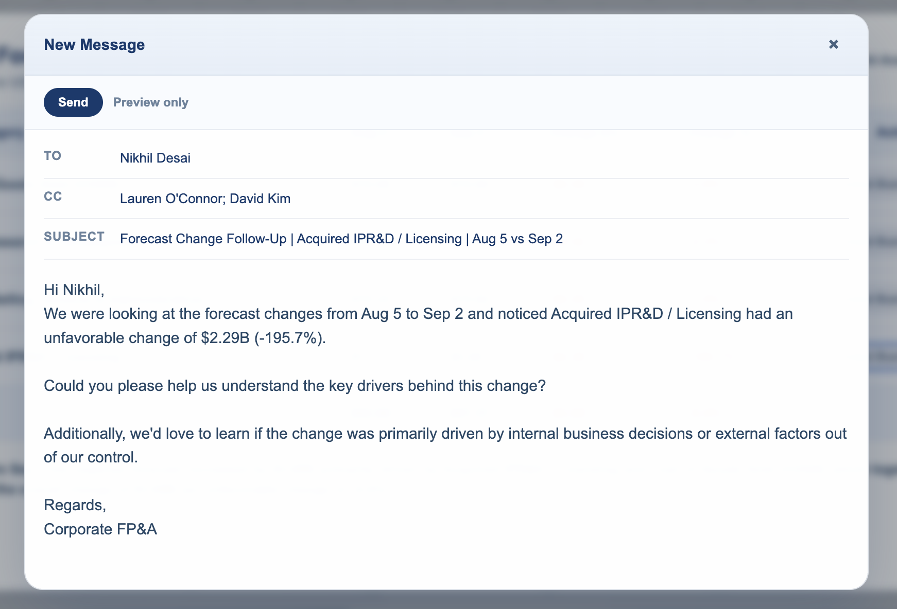 Forecast snapshot comparison demo stakeholder follow-up email draft