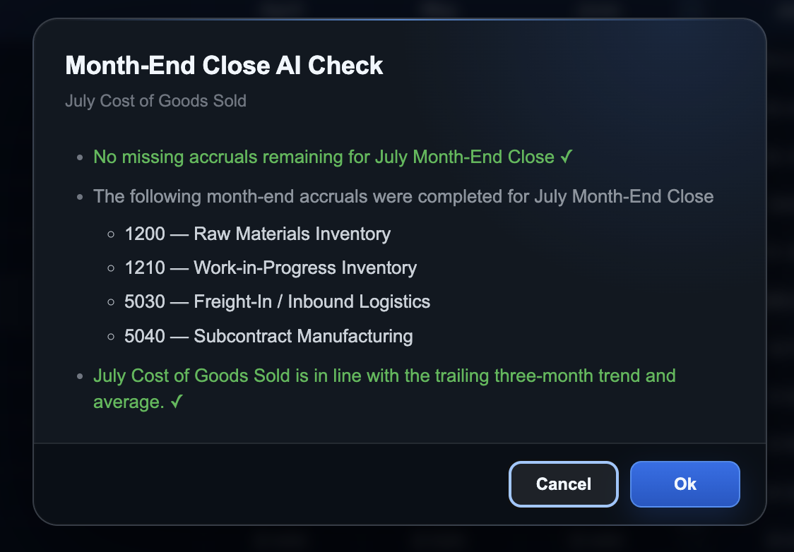 Completed Month-End Close AI Check confirming no missing accruals and July Cost of Goods Sold in line with the trailing three-month trend