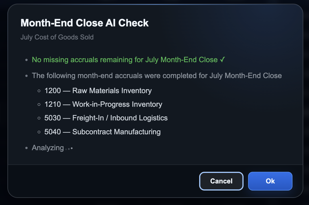 Month-End Close AI Check confirming completed accruals while analysis is in progress