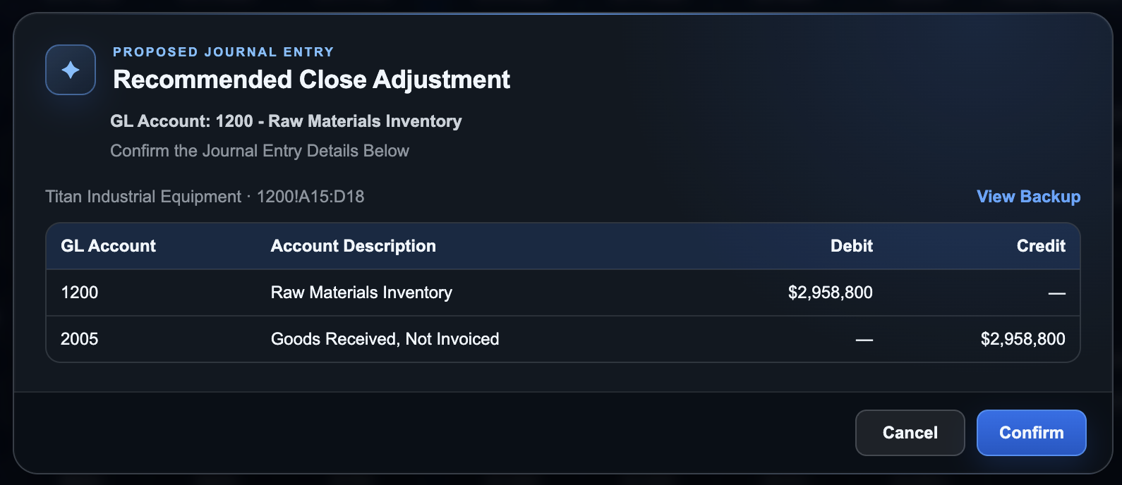Recommended close adjustment showing a proposed journal entry debiting Raw Materials Inventory and crediting Goods Received, Not Invoiced