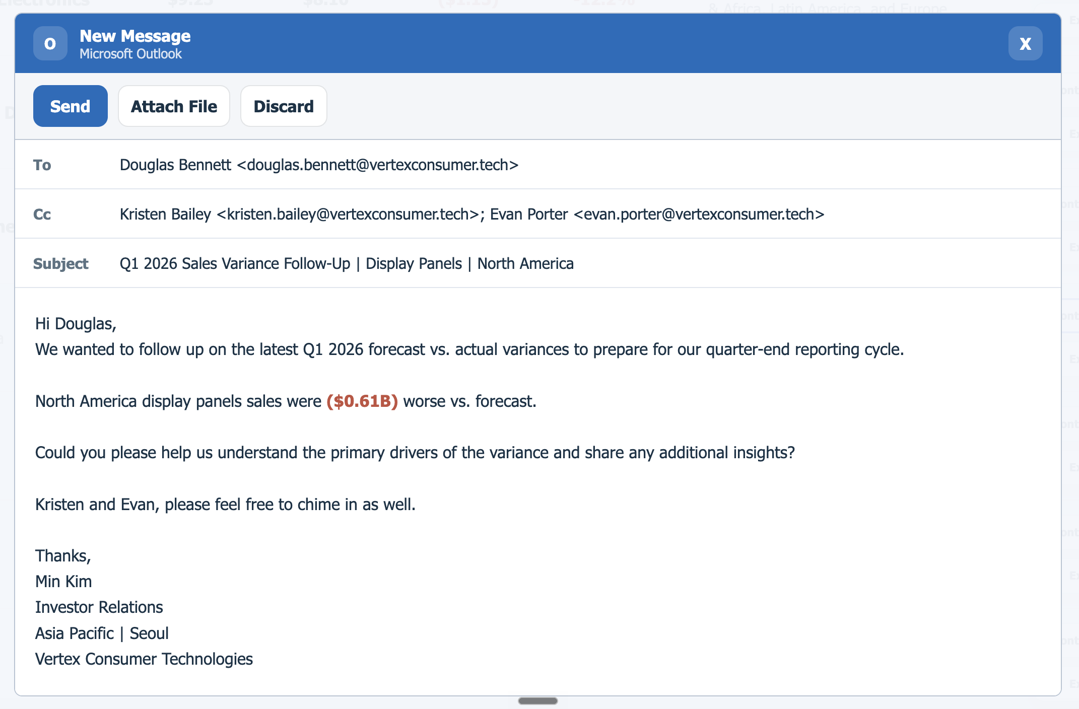 Quarterly sales variance analysis demo stakeholder follow-up email draft in Microsoft Outlook
